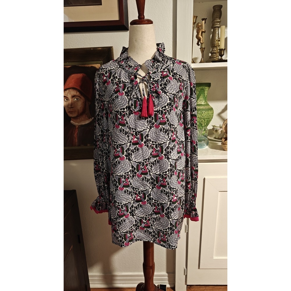Rungolee Silk Long Sleeve Top Crane Print Tassels NWOT Sz Med